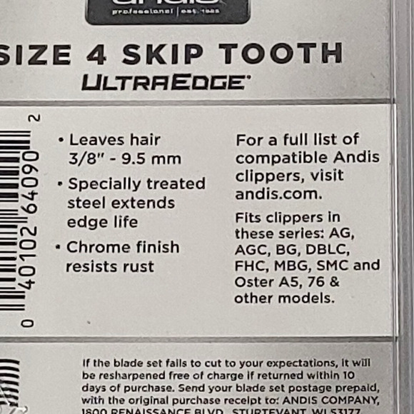 Andis 64090 Carbon-Infused Steel UltraEdge Dog Clipper Blade, Size-4 Skip-Tooth - Picture 3 of 6